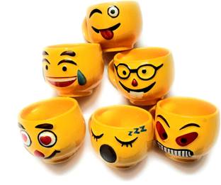 MAYA CREATION Pack of 6 Ceramic Yellow Emoji Smiley Coffee Mug Tea Cup Set, 120ml, Set of 6 Coffee Mugs/Tea Cups Great Gifting idea for him and her Tea Cup with Handle (Medium Size).