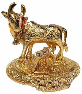 Femina beautty Golden Kamdhenu Cow gau mata with calf Decorative Showpiece  -  16.5 cm