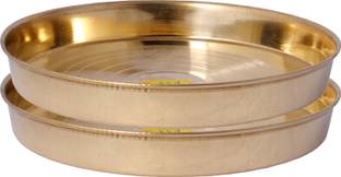 Shivshakti Arts Pure Brass Dinner Plate / Thali Set For Pooja & Serving Purpose (Silver Touch Khomcha Design, 25.5 cm Each) - 2 Piece Dinner Plate