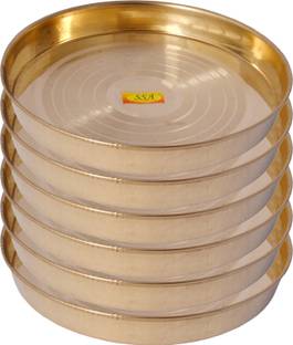 Shivshakti Arts Pure Brass Dinner Plate / Thali Set For Pooja & Serving Purpose (Silver Touch Khomcha Design, 28 cm Each) - 6 Piece Dinner Plate