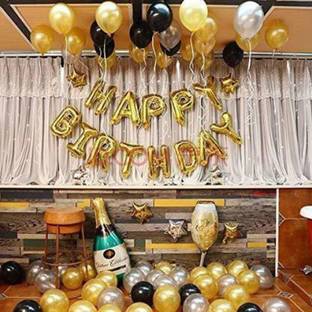 कोव सॉलिड 1 packet of Gold HBD banner(13 letters) and 50 metallic balloon गुब्बारा