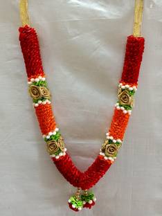 श्री साइनाथ एंटरप्राइज़ RED WITH ORANGE FLOWERS WITH GOLDEN ROSE GARLAND / HEIGHT - 29 CM साटन हार