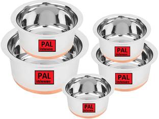PAL big size Stainless Steel Copper Bottom Cookware/Container/Tope Set of 5 Pieces (3 Litter Tope , 1.9 Litter Tope , 1.5 Litter Tope , 0.950 Litter Tope , 0.650 Litter Tope without lid) Pot 21 cm, 19.5 cm, 18.2 cm, 16.7 cm, 15 cm diameter 3 L, 1.9 L, 1.5 L, 0.95 L, 0.65 L capacity