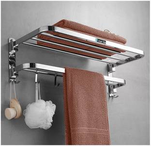SMART SLIDE High Grade Stainless Steel 304 Grade Double Shelf folding 24 inch Towel Rack/Towel Rod/Towel holder/Hanger/Towel Stand For Bathroom and Kitchen Silver Towel Holder