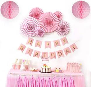 DECOR MY PARTY Happy Birthday Pink Banner With Paper Hanging Decorations Items For Birthday Party Decoration