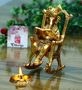 Chhariya Crafts Metal Lord Ganesha Reading Ramayana Statue Hindu Ganesh Ganpati Sitting on Chair With Kuber Diya Idol Sculpture for Home Office and Gifts Decor Diwali Gift corporate Gifts Decorative Showpiece  -  14 cm
