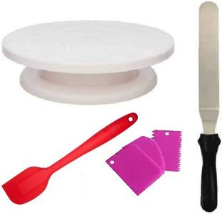 prisma collection Combo of Cake Turntable, 6 inch Angular Stainless Steel Icing Spatula/Palette Knife,3 Pieces of Dough Scrapper + 1 Extra Strong Best Quality high Silicone Spatula Kitchen Tool Set