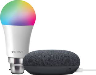 Google Nest Mini with Smitch WiFi RGB Smart Bulb 10W with Google Assistant Smart Speaker