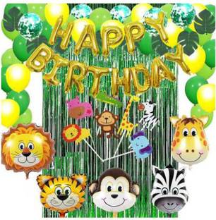 Anayatech jungle theme combo-1 happy birthday foil balloon,4 animal foil balloon,2 green curtain,31 green and yellow balloon(pack of 50)