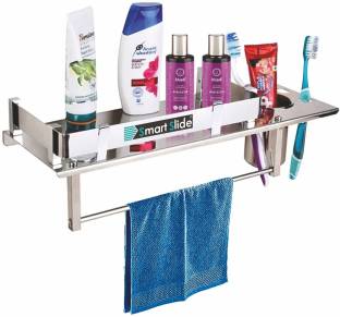 SMART SLIDE Stainless Steel 3 in 1 Multipurpose Bathroom Shelf/Rack/Towel Hanger/Tumbler Holder/Towel Rod/Bathroom Accessories (15 x 5 Inches) Stainless Steel Wall Shelf