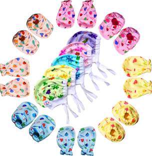V.B.K New Born Baby Care Combo Pack Of Hand Mittens (4 Pair), Led Booties (4 Pair) and Cap (5 Piece), 0 to 4 Months, Hosiery Soft Fabric, Random Design and Print