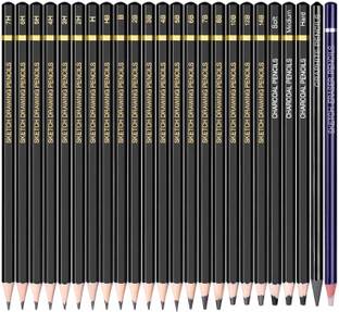 CHROME sketch pencils 14B, 12B, 10B, 8B, 7B, 6B, 5B, 4B, 3B, 2B, B, HB, H, 2H, 3H, 4H, 5H, 6H, 7H, 3 pcs charcoal pencil (soft, medium, hand), 1 pcs woodless graphite pencils, 1 pcs eraser pencils. Pencil