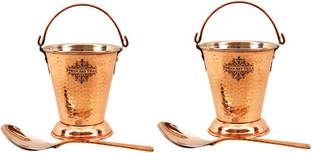 IndianArtVilla 2 Steel Copper Bucket - 300 ML each with 2 Spoon - Serving Indian Dal Vegetable, Curd - Home, Hotels, Restaurants, Tableware, Gift Item Spoon, Gravy Bucket Serving Set