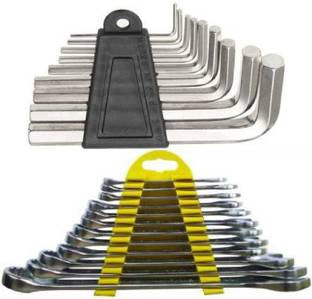 SKENTERPRISES Combo of 12 Pc Combination Spanner set with rack includes 6 mm, 7 mm, 8 mm, 9 mm, 10 mm, 11 mm, 12 mm, 13 mm, 14 mm, 17 mm, 19 mm and 22 mm combination spanners. Double Sided Combination Wrench & 9Pc High Quality Hex Allen Key Set Wrench Screw Repair Tools Allen Key Set . Double Sided Combination Wrench