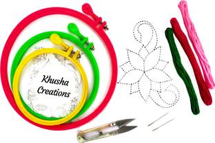KHUSHA CREATION Plastic Fabric Embroidery Hoop Ring Frame : Set of 3 pcs Embroidery Frame ( Diameter : 8" , 6" , 5" ) With Thread Cutter , Embroidery Needles , Cotton Embroidery Thread Skeins and Tracing paper with design