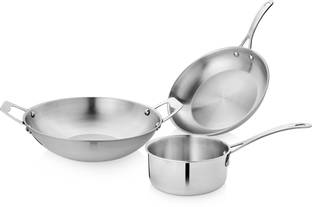 Vinayak Stainless Steel Cookware Set of 3pcs (26 cm Kadai-2600ml | 23cm Frypan-1380ml | 15 cm Sauce Pan - 1000ml. Sauce Pan 15 cm, 23 cm, 26.7 cm diameter 1 L, 1.38 L, 2.6 L capacity