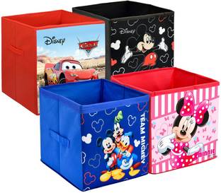 KUBER INDUSTRIES Designer Disney Print Non Woven Fabric 4 Pieces Foldable Large Size Cloth Storage Box Toy,Books Wardrobe Organiser Cube With Handle (Black & Brown & Royal Blue & Pink) KUBMART02384