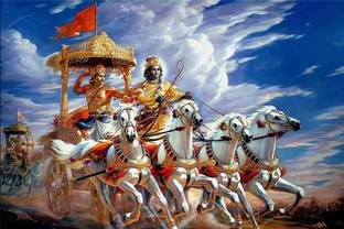 Lord Krishna Arjun on Chariot | Sarathi | Mahabharat Gita Updes Waterproof Vinyl Sticker Poster || (12X18 inches) Fine Art Print