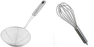 Aric Steel Hand Blender Mixer Froth Whisker Latte Maker for Milk Coffee Egg Beater Juice (9 Inches) and Trading Stainless Steel Deep Fryer Strainer/Mesh Strainer/Jhara/Puri Strainer for Kitchen Sieve (14 cm ) (Steel Pack of 2) Strainer