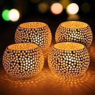 NexGlow white star Glass Mosaic Candle Holder, Tea Light holder Votive, Set of 4 Glass 1 - Cup Candle Holder