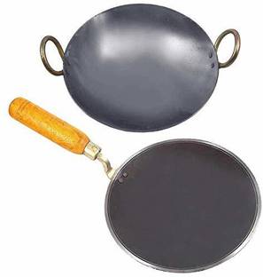 KITCHEN SHOPEE Iron cookware Set Iron deep Kadai kadhai for Cooking Iron Tawa for Roti/Chapathi Induction Bottom Non-Stick Coated Cookware Set