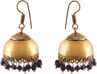JewelryTrack Oxidized Gold Plated Hook Drop Black Beaded Jhumki Earings Jewelry for women & Girls Brass Jhumki Earring