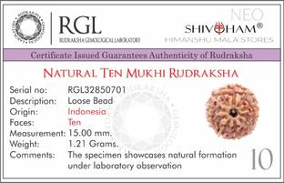 SHIVOHAM 10 Mukhi Lab Certified Rudraksha (Origin Indonesia) Good Shape & Matured Bead (Size 15-18mm) Wood Pendant