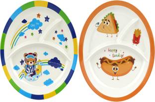 ZIDO 2 Pcs. Exclusive Melamine A Grade Quality Stylish Partition Plate with Attractive Kids Loving Design. (Model Smiley Teddy, Happy Sunday PLA-32510) Dinner Plate