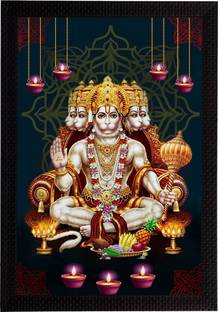eCraftIndia Panch Mukhi Lord Hanuman Matt Texture UV Art Framed Ink 20 inch x 14 inch Painting