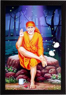 eCraftIndia Sai Baba Matt Texture UV Art Framed Ink 20 inch x 14 inch Painting