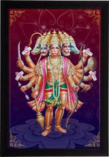 eCraftIndia Panch Mukhi Lord Hanuman Matt Texture UV Art Framed Ink 14 inch x 10 inch Painting
