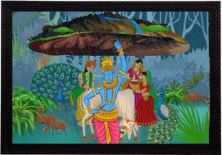 eCraftIndia Lord Krishna Matt Texture UV Art Framed Ink 10 inch x 14 inch Painting