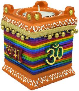 Sonpatti Decor Tulsi Diya Candle Holder With shubh labh, Swastika And Lord Ganesha/Handmade Tea Light Candle / Ganesha Diwali Puja / Pooja Gift Terracotta 1 - Cup Tealight Holder