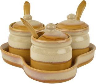 StyleMyWay Pottery Dual Tone Ceramic Pickle Serving Jar Set with Spoon and Tray (Set of 3, Beige and Sand Yellow) | Condiment Set | Pickle Jar Set for Dining Table |  - 150 ml