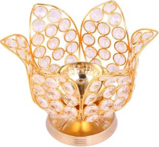 Heaven Decor Brass And Crystal Decorative Lotus Akhand Diya Golden (3.4 Inch) Brass Table Diya
