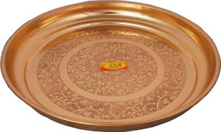 Shivshakti Arts Pure Brass Plate / Dinner Plate / Pooja Thali Set Serving Food - Tableware, (Embossed Flower Khumcha Design, Diameter - 29 cm)-1 Pc Set Dinner Plate