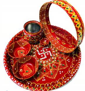 धनदेवी टेक्सटाइल Stainless Steel Karwa Chauth 6 Pieces Decorative Pooja Thali Set (Red) (Thali Size 11") स्टील