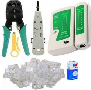 D.V TECH PROFESSIONAL SET OF CRIMPER TOOL NETWORK LAN CABLE TESTER 50PCS OF RJ45 CONNECTOR STRIPPER TOOL 9V BATTERY SET OF CRIMPING TOOL Manual Crimper