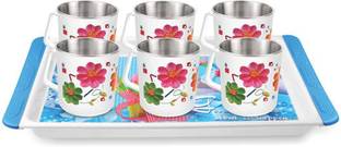 Rema Pack of 7 Stainless Steel, Plastic Cups for Coffee and Tea Set of 6 Pieces With Serving Tray