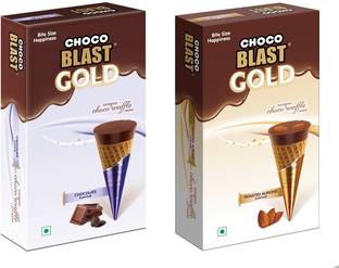 Pure Temptation Gold Chocoblast Chocolate + Roasted Almond Flavour Filled Waffle Cone Friend pack of 5 - Each Pack of 10 Chocolates (Rosted Almond pack of 2 + Chocolate Pack of 3) Bars