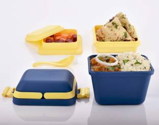 OkyJi Airtight Lunch Box Set 3 Compartment Tiffin with Handle & Push Lock Plastic Tiffin Box for Travelling, School Kids & Office (Multicolour) 3 Containers Lunch Box