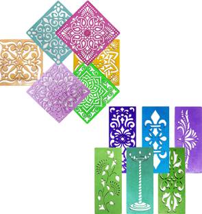 Ascension 12 Different Design Draw Rangoli Making Kit Rangoli Stamp Om Swastik Flower Multi designs Colourful Rangoli Designs 6 Rangoli Making Border Stencils & 6 Square Stencils 8X8inches Rangoli Stencil