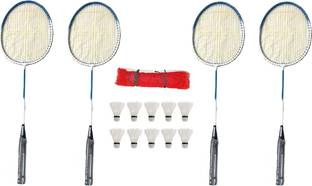 Monika Sports 4 Single Shaft Racquet + One Side Nylon tape Badminton Net + 10 Pc Feather Shuttle Badminton Kit