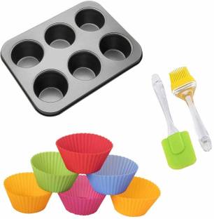 H&M Store Muffin Tray, Silicone 6 Pcs Muffin Liners, Large Brush & Spatula (Multicolor, Pack of 9) Kitchen Tool Set