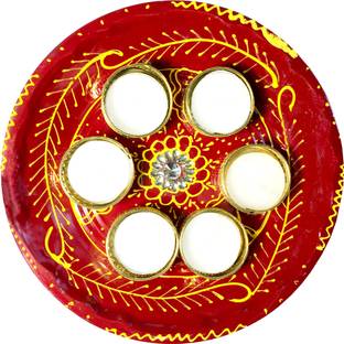 Gaurangi Decorated plate For Mandir - Diwali Decoration Pooja Thali with candle set - Wax Candles For Diwali Decor - Home Decor - Temple Decor - Pooja Plate for All Festivals Stainless Steel