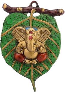 Fashion Bizz Lord Ganesha In Red Dhoti On Green Leaf Wall Hanging Decorative Showpiece  -  22 cm