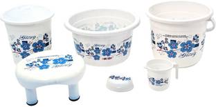 Ziasi bathroom set with flower printed Bathroom Accessories 6 Pcs Set White (Bucket 16.0 ltr, 18 L Plastic Mug, Round Dustbin with Lid 11 Ltr, Mug 1 ltr, Soap Case, Round Stool) 46 L Plastic Bucket