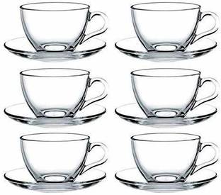 Dakshayanii Glass Superb Crystal Clear Roma Solid Glass Tea Cup with Saucer, Tea Mugs with Handle