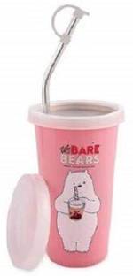 Marwall Bare Bears Cartoon Character Printed Stainless Steel Glass with Straw and Lid-370 ml (Pink) Glass Water/Juice Glass