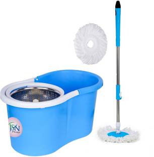 JSN 360Â° Spin Floor Cleaning Easy Magic Steel Bucket Mop with 2 Microfiber Heads Mop Set